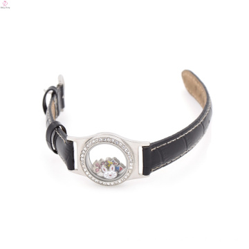 Montre à cadenas flottant en cuir pour adolescent personnalisé, médaillon de bracelet en cuir